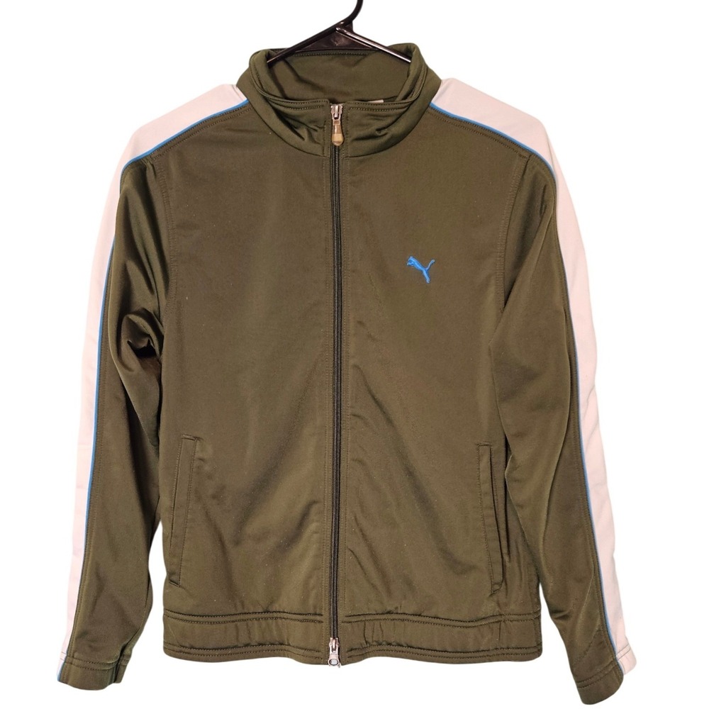 Puma Womens Olive Green Track Jacket Full Zip Side Stripe Size L Athleisure